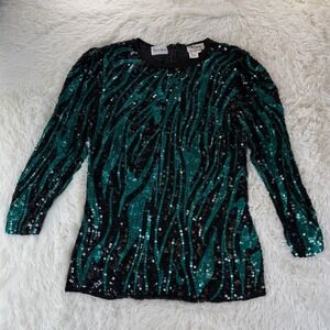 Vintage Oleg Cassini Neiman Marcus Sequin Top Green Black Silk Small Party Retro